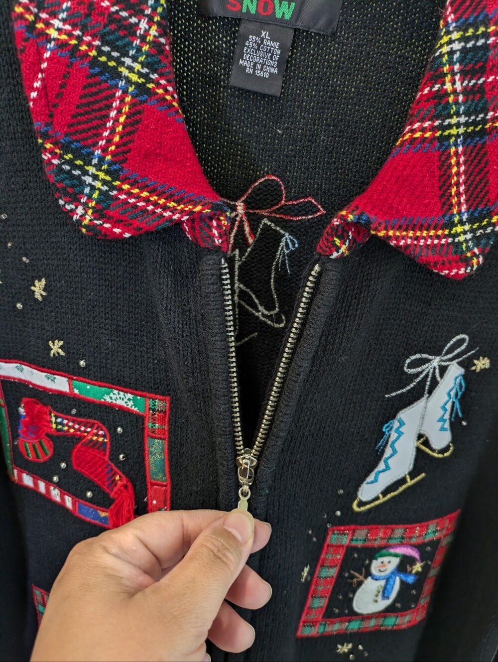 NEW Hampshire Studio Christmas Sweater XL Ramie Full Zip Snowman Plaid Tartan - Picture 5 of 8